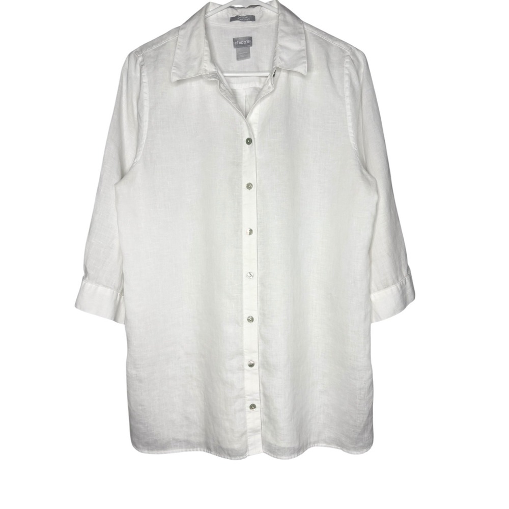 Chicos No-Iron Shirt Size 1 Medium White 100% Linen 3/4 Sleeve Button Down
